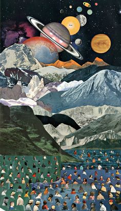 a collage of people standing in front of mountains and planets