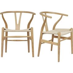 two wooden chairs with white upholstered seat cushions, one in natural wood and the other in beige fabric