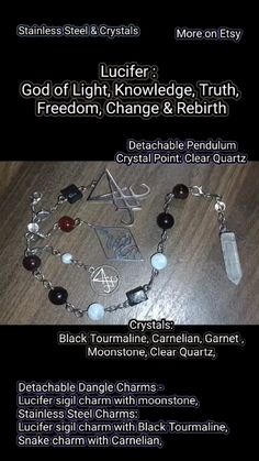 three different types of necklaces with charms on them and the words, god of light, knowlede truth, freedom, change & re birth