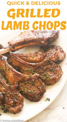 grilled lamb chops on a white plate with text overlay