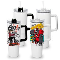 three travel mugs with cartoon characters on them, one is white and the other has black handles