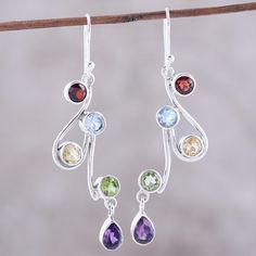 Multi-Gemstone and Scrolling Sterling Silver Dangle Earrings - Dancing Rainbow | NOVICA Popular Earrings, Classic Earrings, Sterling Silver Dangle Earrings, Fancy Jewelry, Zirconia Earrings, Simple Earrings, Silver Earrings Dangle, Faceted Gemstones, Blue Earrings