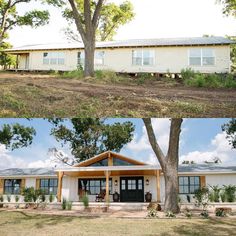 before and after pictures of a house in the middle of a field with trees on each side