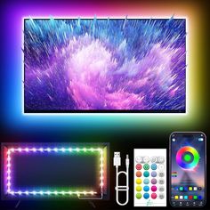 an image of a tv screen with remote controls and color changing lights on the wall