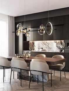 an elegant dining room with marble walls and wooden flooring, modern chandelier hanging from the ceiling