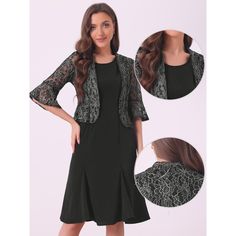 Outerwear: 65% Cotton, 35% Polyester; Dress: 100% Polyester. The draped cut and shiny lace fabric design, create a stylish look, a must-have in any woman's wardrobe. The lace-cropped shrug cardigan adds a touch of elegance to your outfit. It is crafted with delicate lace detailing, the cropped length adds a modern twist and allows the dress underneath to be showcased. The sleeveless midi dress is a classic piece that exudes chic, the sleeveless design keeps you cool during warmer seasons while a Wedding Midi Dress, Front Twist Top, Cropped Shrug, Knee Sleeves, Shrug Cardigan, Cocktail Evening Dresses, Lace Evening Dresses, Sweater Dress Midi, Womens Tie