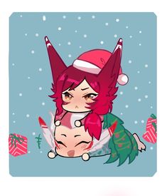 an image of a cartoon character hugging another character in the snow with christmas decorations around her