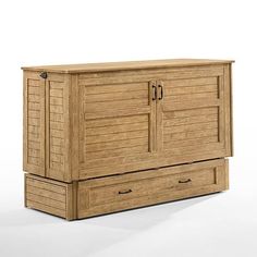 a wooden cabinet with two doors and drawers