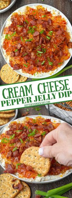 two plates filled with crackers and cheese on top of each other next to the words cream cheese pepper jelly dip