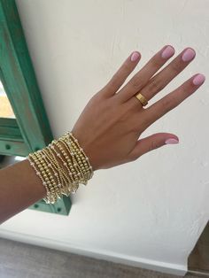 Gold bead bracelet stack!! Beaded Gold Bracelet, Gold Bracelet Stacks, Cutest Jewelry, Gold Bracelet Stack, Bead Bracelet Stack, Beaded Bracelet Stack, Gold Bead Bracelet, Gold Bracelets Stacked