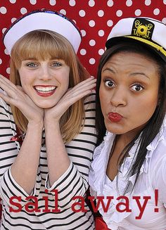 two women dressed in sailor costumes posing for a photo together with the caption, sala way