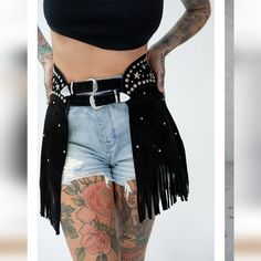 Brand New, Never Worn! Tags Fell Off. Western Grunge Aesthetic, Fringe Chaps, Chaps Skirt, Cowgirl Fringe, Rhinestone Outfit, Cowgirl Couture, Black Paris, Suede Shorts, Leather Designs