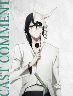 an anime character with horns on his head and black hair, wearing a white shirt