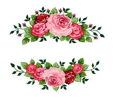 two pink roses with green leaves on the sides and one red rose on the other side