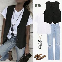 Tshirt Vest Outfit, Vest With Tshirt, Casual Black Vest-style Blouse, Chic V-neck Vest For Spring, Edgy Summer Denim Vest, Black V-neck Summer Vest, V-neck Denim Vest For Summer, Vest Top Outfits, Vest Outfit Women