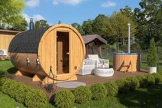 an outdoor sauna with hot tub and jacuzzi