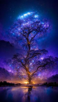 a tree that is in the middle of water with stars above it and some lights shining on