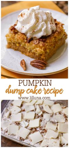 pumpkin dump cake recipe on a plate with whipped cream and pecans in the background