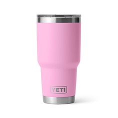 the yeti tumbler is shown in pink