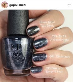 Opi Gray Nail Polish Gel, Charcoal Sparkle Nails, Dark Gray Nail Polish, Opi Dark Grey Nail Polish, Charcoal Nail Polish, Nail Info, Purple Grey Nail Polish, Aqua Nails, Opi Nail Colors