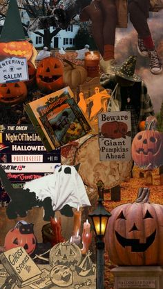 a collage of halloween images with pumpkins, books and other things in them