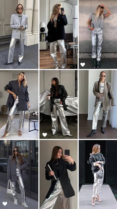 Metalic Pants Winter Outfit, Brown And Fuschia Outfit, Metallic Suits Women, Silver Pants Christmas Outfit, Metalic Pants Silver Outfit, Silver Metallic Jeans, How To Wear Silver Pants, Silver Metallic Trousers Outfit