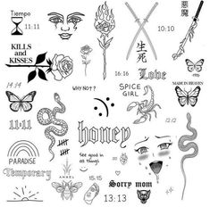 some tattoos that are on the back of a white sheet with black lettering and symbols