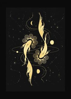 two gold fish floating in the air with stars and circles around them on a black background