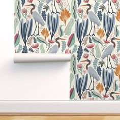 a wallpaper with birds and plants on it