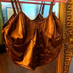 Never Worn Perfect Condition. Is A Beautiful Color And Has Adjustable Straps. 16" Bust Fitted Gold Camisole For Night Out, Brown Camisole Top For Party, Brown Fitted Tank Top For Party, Fitted Brown Tank Top For Party, Brown Crop Top For Night Out, Brown Cropped Party Top, Boxy Crop Top, Brown Crop Top, Cropped Zip Up