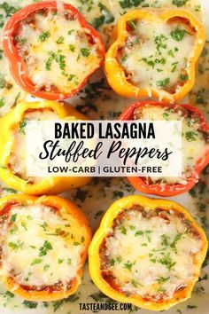 baked lasagna stuffed peppers in a white casserole dish with text overlay