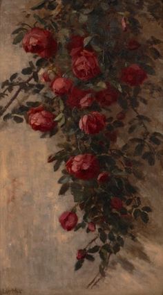 a painting of pink roses on a beige background