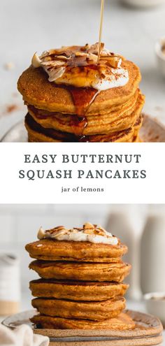 Two images of butternut squash pancakes. Canned Butternut Squash, Squash Pancakes, Healthy Squash Recipes, Butternut Squash Cinnamon, Healthy Butternut Squash, Easy Butternut Squash, Butternut Squash Puree