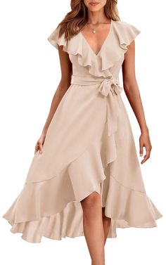 Lasaky - Short-Sleeve Midi Dress with Long Tie Detail Short Wrap Dress, Wrap Around Dress, Light Dress, Tie Waist Dress, Midi Short Sleeve Dress, Mid Length Skirts, Asymmetrical Skirt, Ruffled Maxi Dress, Belleza Natural