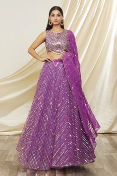 Shop for Yoshita Couture Purple Blouse Sabrina Embroidered Lehenga Set for Women Online at Aza Fashions Lavender Lehenga, Mirror Blouse, Cutdana Embroidery, Purple Mirror, Georgette Dupatta, Lehenga Online, Goth Wedding, Embroidered Lehenga, Scallop Hem