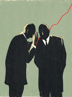 two men in business suits are looking at a red line going through their ears to the other side