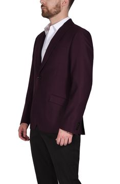 Add a professional edge to your look in this classic slim fit blazer.Fit: this style fits true to size. . Slim fit. Peak lapel. Long sleeves with 4 non-functional buttons. Front button closure. Chest welt pocket; front flap pockets. Interior pockets. Side vents. Burgundy fabric construction. Partially lined. Approx. 30" length . Imported Dry clean 80% Polyester, 18% Rayon, 2% Spandex Professional Slim Fit Blazer For Office Wear, Semi-formal Slim Fit Blazer, Solid Slim Fit Blazer For Semi-formal Occasions, Solid Color Slim Fit Blazer For Semi-formal Occasions, Fitted Burgundy Office Blazer, Notch Lapel Burgundy Blazer For Office, Burgundy Blazer With Suit Collar For Work, Burgundy Notch Lapel Blazer For Office, Burgundy Notch Lapel Suit For Work