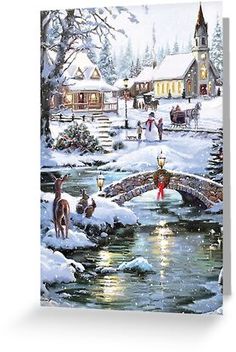 a painting of people walking across a bridge in the snow near a church and stream