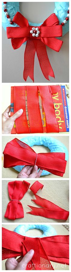 the instructions for how to make a bow out of ribbon and duct tape are shown