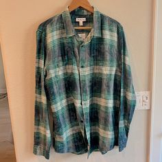 Never Worn, New With Tags Green Cotton Flannel Shirt For Spring, Nordstrom Long Sleeve Cotton Top, Green Casual Flannel Tops, Spring Green Cotton Flannel Shirt, Casual Multicolor Button-up Flannel Shirt, Green Cotton Button-up Flannel Shirt, Cotton Patchwork Button-up Flannel Shirt, Patchwork Cotton Flannel Button-up Shirt, Plaid Button-up Shirt With Welt Pockets