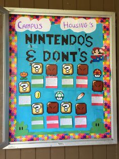 a bulletin board that says, campus housing's nintendos and donut's