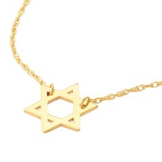 Honor your faith and heritage with this traditional necklace. Created in solid 14K gold, this significant design simply gleams with a sculpted Star of David. Buffed to a brilliant luster, this look suspends centered along an 18.0-inch rope chain that is adjustable to 16.0 inches in length and secures with a spring-ring clasp. Spiritual Yellow Gold Necklace With Polished Finish, Elegant Star Of David Hallmarked Necklace, Formal White Gold Star Of David Necklace, Symbolic Gold Plated Necklace With Polished Finish, Traditional 14k Gold Necklace, Gold Star Of David Jewelry Gift, Gold Star Of David Jewelry For Anniversary, White Gold Engraved Star Of David Necklace, White Gold Star Of David Polished Jewelry