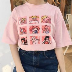 Kawaii T Shirt Summer Women Tops Harajuku Sweet Print Sailor Moon Loose Short Sleeve Plus Size Tee Shirt Femme Sailor Moon Shirt, Mode Ulzzang, Diy Vetement, Plus Size Tees, Moon Shirt, Shirt Diy, J Fashion, Girls Tees, Kawaii Clothes