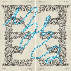 the letters e and f are drawn in blue ink on white paper with ornate designs