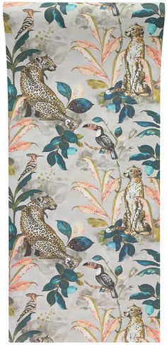 an animal themed wallpaper with leopards, birds and flowers on it's side