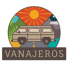 the vanagoros logo is shown with mountains and trees in the background, as well as an orange sun