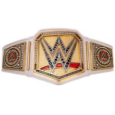 a gold and silver wrestling belt with the wwf logo on it's side, in front of a white background