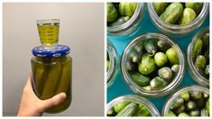 there is a jar with pickles in it next to an image of jars filled with pickles