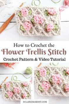 the crochet flower trellis stitch pattern is shown in three different pictures and has pink flowers on it