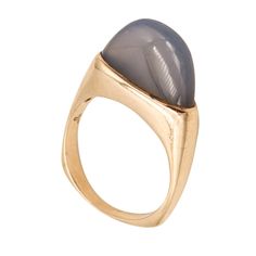 Scandinavian Sculptural Ring. Gorgeous Sculptural Modernist Ring, Created In Denmark During The Late Mid Century Period Back In The 1960. This Piece Has Been Crafted With A Simple, Sleek, Flatty And Cushioned Shape, In Solid Yellow Gold Of 14 Karats With High Polished Finish. Gemstones: Mount In A Bezel Setting, With 1 Fancy Cabochon Cut (13 X 9 X 5 Mm) Of A Natural Blue Lace Agate Of About 3.85 Carats. Birthstone: Agate For The Month Of September. Weight: 5.95 Grams, (3.81 Dwt). Size: 5.5 Sizeable. Measurements: 19 Mm By 5.5 Mm (0.75 X 0.22 Inches) And Raise 12 Mm Over The Finger. Hallmarks: Stamped With The Maker's Mark, The Gold Assay Mark And Signed, "Uyn 14kt". Danish Ring, Sculptural Ring, Modernist Ring, Blue Lace Agate, Lace Agate, Solid Yellow, Bezel Setting, Cocktail Rings, Womens Jewelry Rings